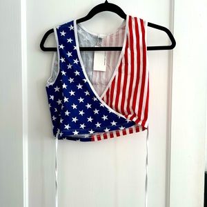 American Apparel Flag Crop Top Criss Cross Tie